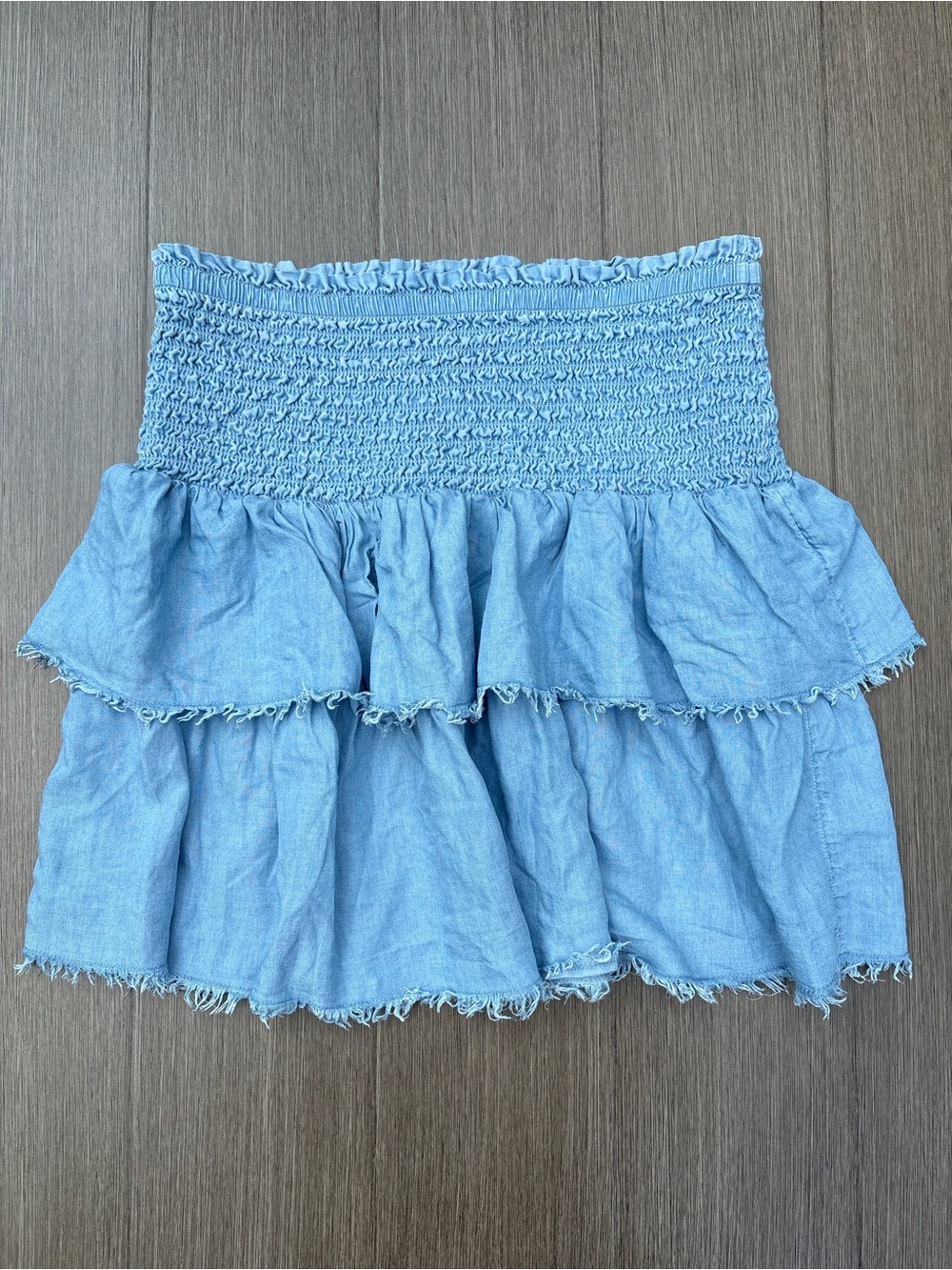 Aerie Chambray Ruffle Tiered Smocked Waistband Mini Skirt In Light Blue Size S
